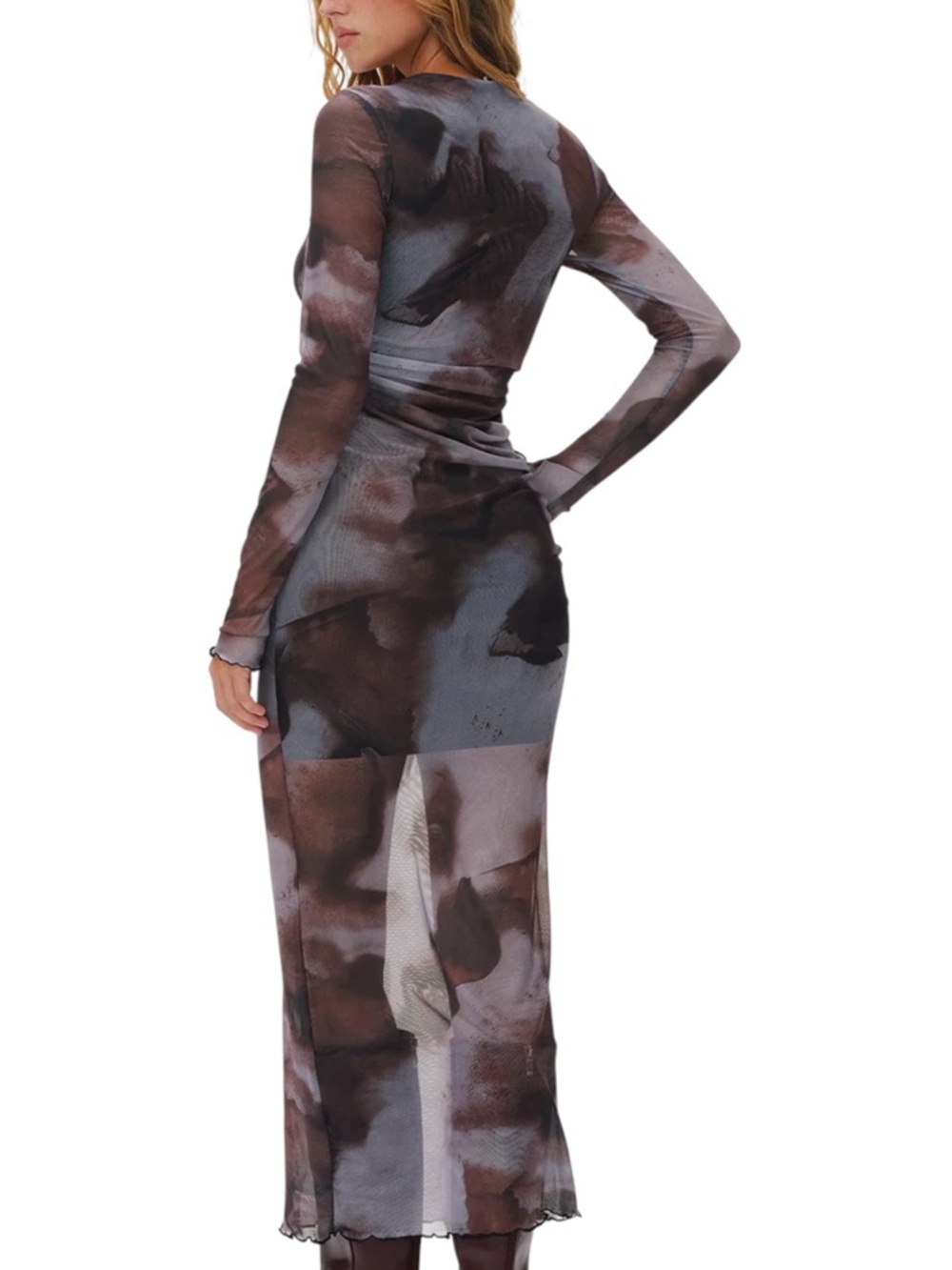 Commense Semi Sheer Brown Gray Tie-Dye Mesh Maxi Dress XS Bodycon NWT